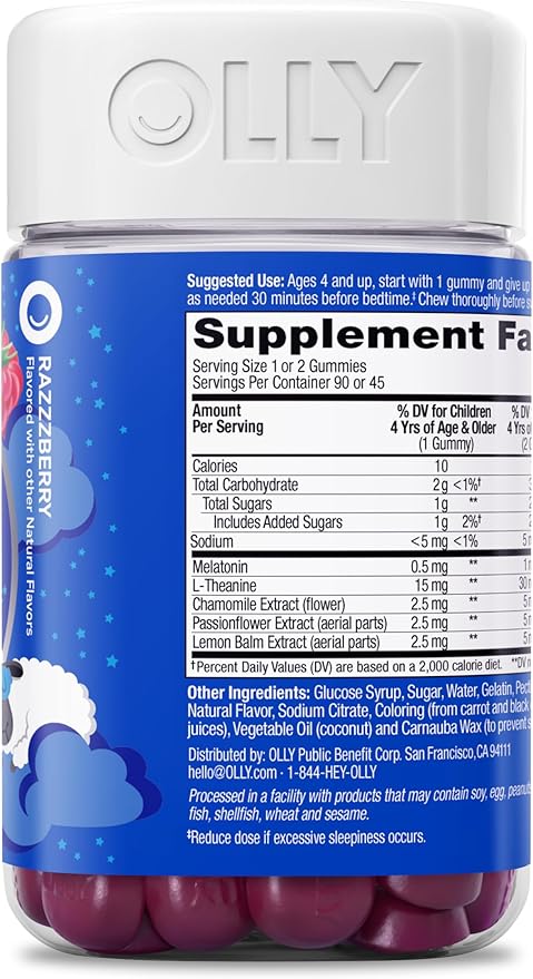 OLLY Kids Sleep Gummy, Occasional Sleep Support, 0.5mg Melatonin, L Theanine, Chamomile, and Lemon Balm Extracts, Childrens Chewable Supplement, Raspberry Flavor - 90 Count