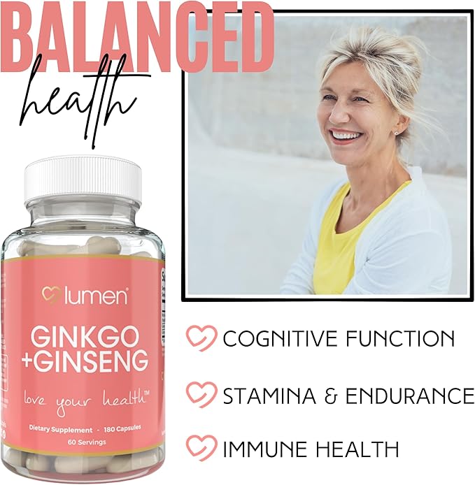 Ginkgo + Ginseng for Women – with Red Asian Ginseng Extract & Ginkgo Powder – 180 Veggie Capsules – 60 Servings – Non-GMO, Vegan & Gluten-Free (180 Count (Pack of 1))