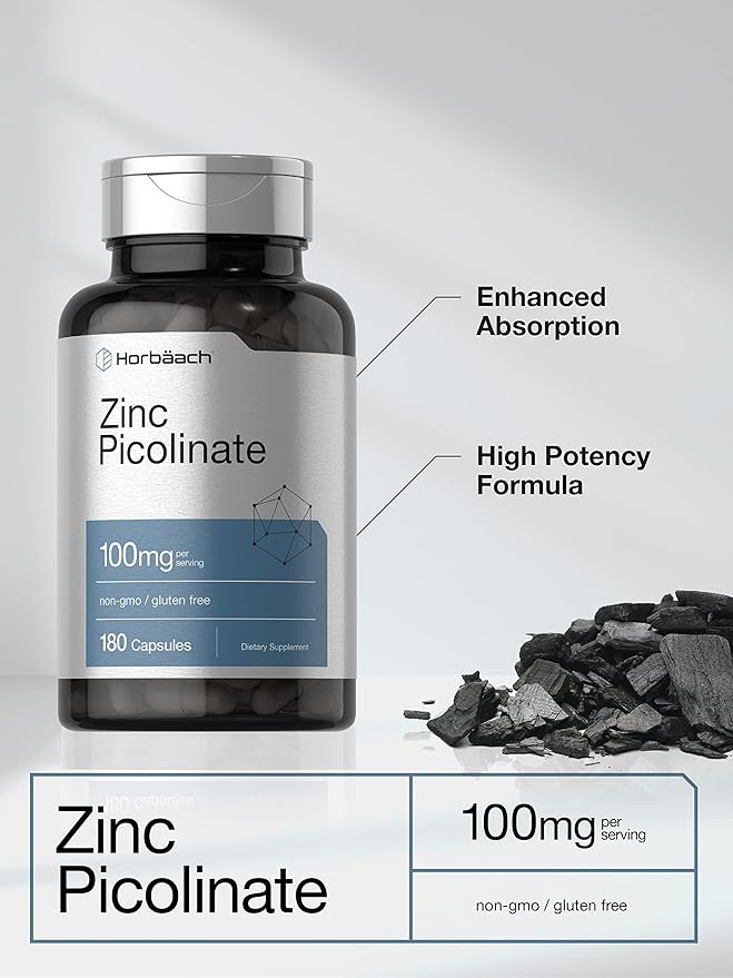 Horbäach Zinc Picolinate 100mg | 180 Capsules | High Potency | Non-GMO, Gluten Free | Zinc Supplement
