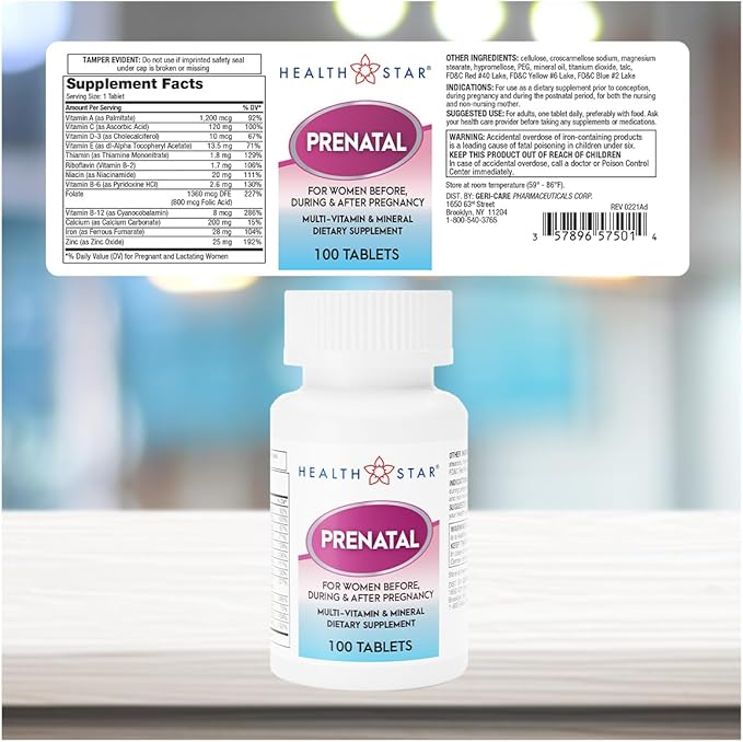 GeriCare Prenatal Multivitamin & Minerals for Healthy Mom and Baby - Folate + Vitamin C + Vitamin D + Iron + Calcium + B12, 100 Count (Pack of 2)