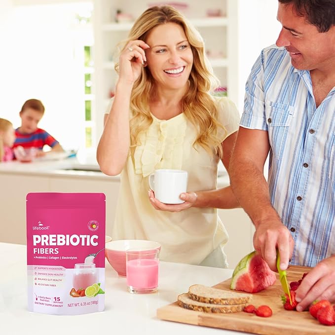 Fiber Supplement Powder with Probiotics & Collagen – Supports Digestive Regularity, Gut Balance & Debloating | Soluble Fiber Powder, Vegan Diets, Strawberry Lemon Flavor, 15 Servings