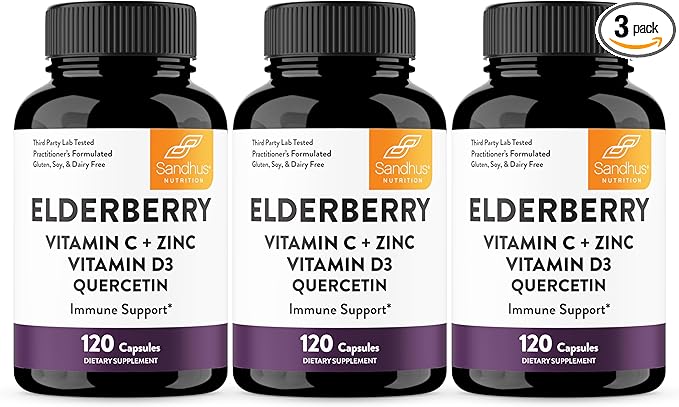 Sandhu's Elderberry Vitamin C & Zinc with Quercetin Capsules for Men & Women | Supports Immunity, Bone Health and Quality Sleep | 360 Count