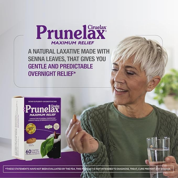 Prunelax Ciruelax Maximum Relief Laxative Tablets with Natural Senna for Occasional Constipation, Senna Extract, Vegan & Gluten-Free, Gentle Overnight Relief - 60ct (Pack of 5)