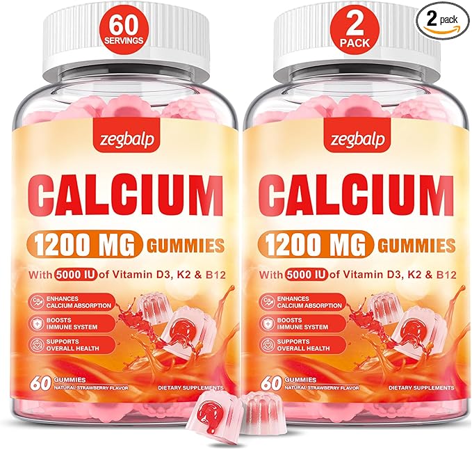 Calcium 1200 mg with Vitamin D3 Supplement for Adults - Calcium Gummies with Vitamin D3 5000IU, K2, B12 for Women Men - Extra Absorption Calcium Citrate - Natural Strawberry Flavor, 120 Gummies