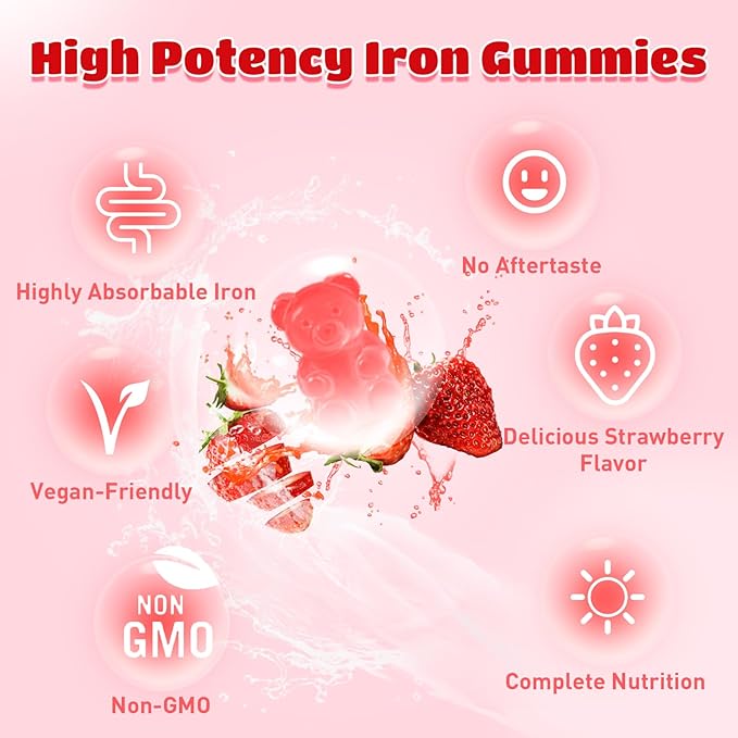 Iron Gummies for Men and Women, Energize, Combat Fatigue, Support Anemia Recovery. Packed with Iron, Folate, Vitamin C, in Vegan Strawberry Flavor, 60 Gummies