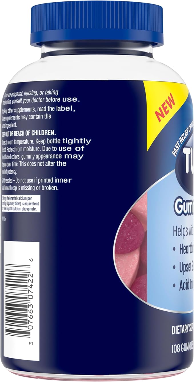 TUMS Gummy Bites Dietary Supplement for Occasional Heartburn Relief, Upset Stomach and Acid Indigestion, Great for a Summer BBQ - Cherry Berry Burst - 108 Count