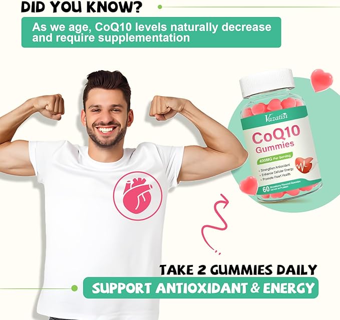 400MG CoQ10 Gummies with Omega-3, Vitamin B3 & Magnesium, Helps Support Hear-t Health, Cellular Energy & Antioxidant, Vegan, Gluten Free, Non-GMO 60 Counts