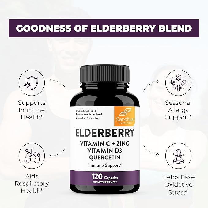 Sandhu's Elderberry Vitamin C & Zinc with Quercetin Capsules for Men & Women | Supports Immunity, Bone Health and Quality Sleep | 240 Count