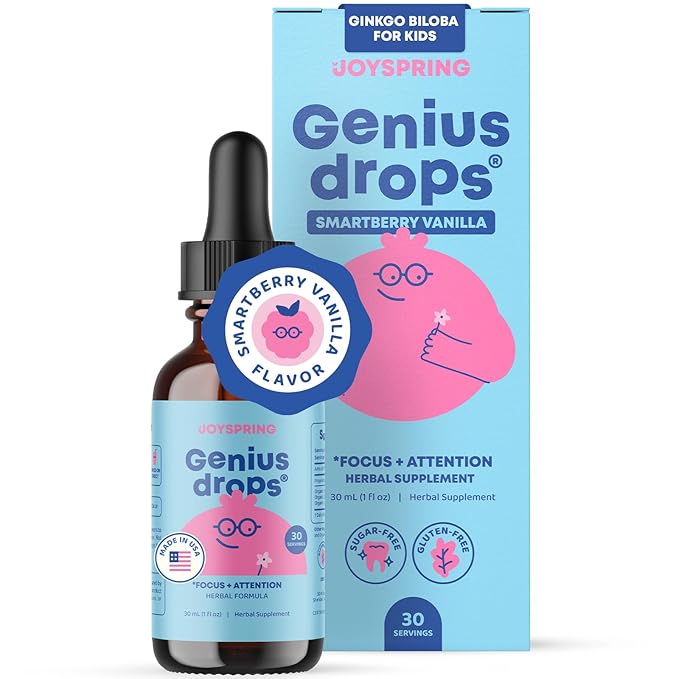 JoySpring Genius Drops Smartberry Vanilla | Herbal Focus Support for Kids with Ginkgo Biloba, Licorice Root, Gotu Kola Extract, Peppermint Leaf | Liquid Cognitive Wellness Formula|1fl oz (30 Servings)