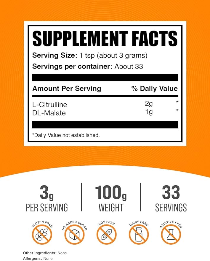 BulkSupplements.com L-Citrulline Malate 2:1 Powder - Nitric Oxide Boost, Citrulline Malate Supplement - Unflavored & Gluten Free - 3g per Servings, 100g (3.5 oz) (Pack of 1)