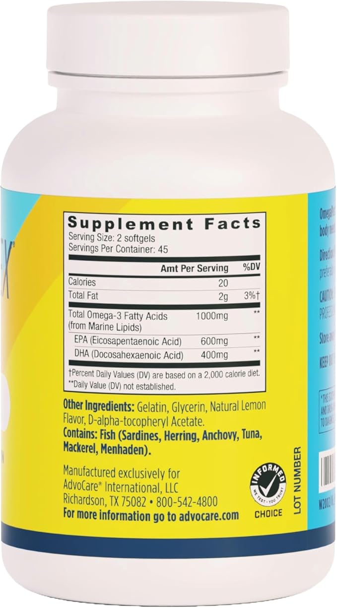AdvoCare Omegaplex Dietary Supplement - Omega 3 Supplement with DHA & EPA - Essential Fatty Acid to Support Immune, Metabolism & Heart Health* - Aids Healthy Skin, Nails & Hair - 90 Softgels