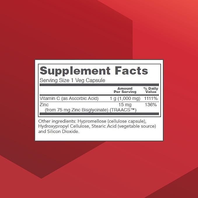 PROTOCOL FOR LIFE BALANCE C-1000 + Zinc-15 - Vitamin C & Zinc Bisglycinate - Immune Support Supplement - Antioxidants Supplement - with Ascorbic Acid - 120 Veg Capsules