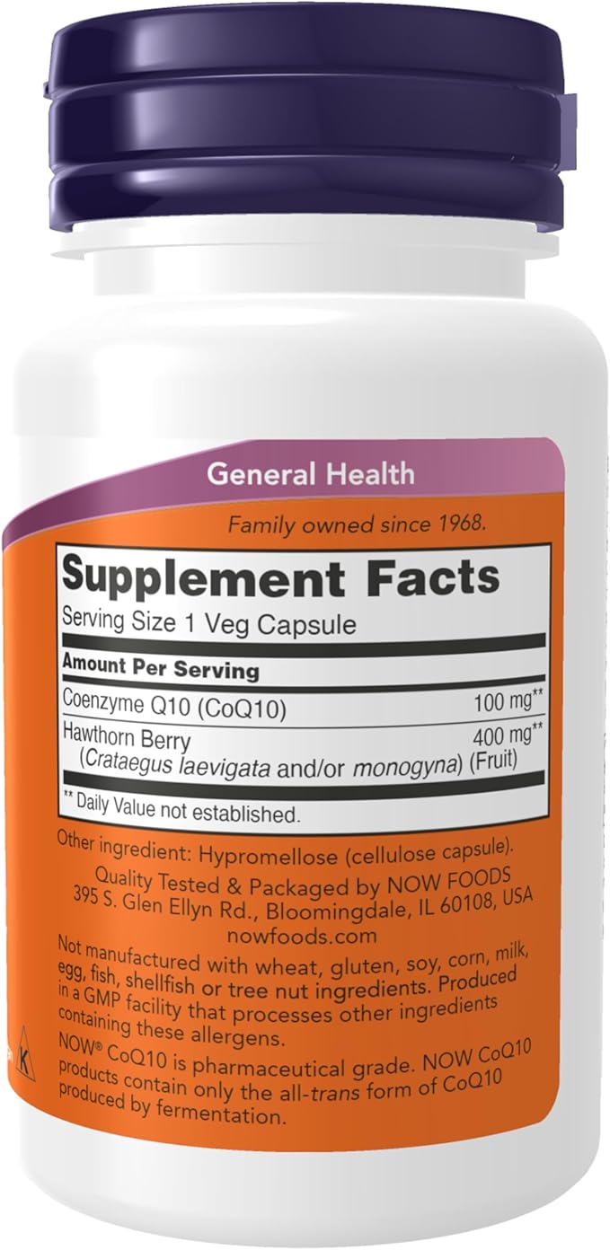 NOW Foods Supplements, CoQ10 100 mg with Hawthorn Berry, Pharmaceutical Grade, All-Trans Form produced by Fermentation, 30 Veg Capsules