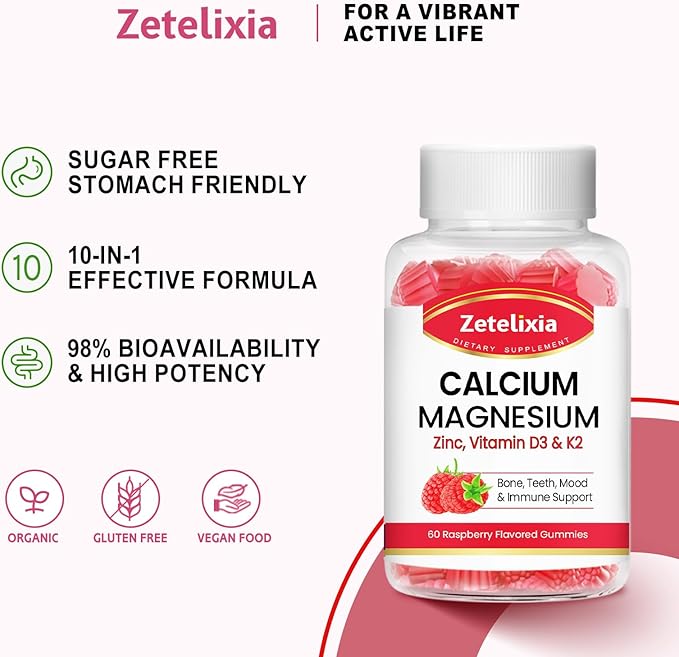 Calcium Magnesium Zinc Gummies with Vitamin D3 & K2, Calcium Gummies for B0nes Muscles, Women & Men, Raspberry Flavor - 60 Count