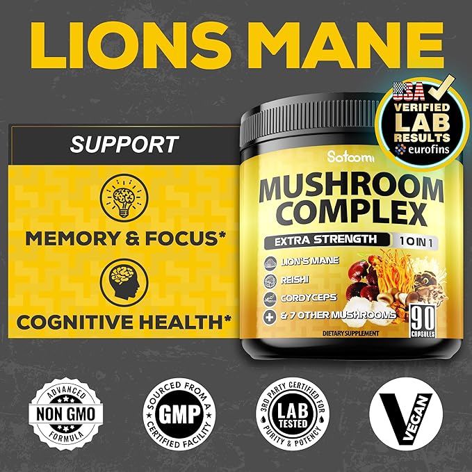 Satoomi 10in1 Mushroom Supplement Complex - Lions Mane, Cordyceps, Reishi, Chaga and 6 More - Brain Supplements for Memory & Focus - 90 Count - 3 Months Supply