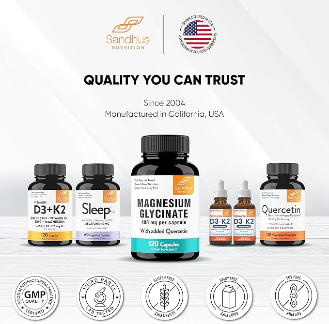 Sandhu's Magnesium Glycinate with Quercetin Capsules for Men & Women | Supports Immunity, Bone Health and Quality Sleep | 360 Count
