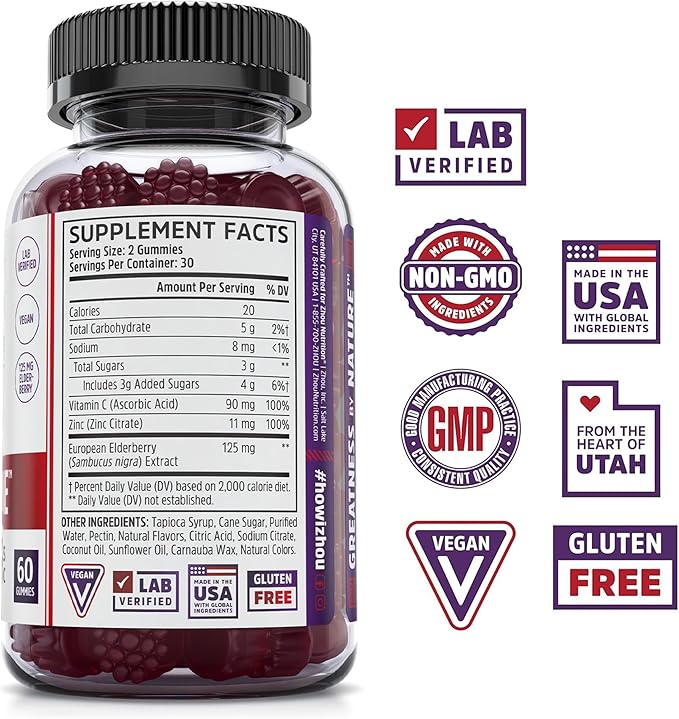 Zhou Elder-Mune Elderberry Gummies - Elderberry Vitamin C and Zinc, Daily Immune Support Supplemenet for Women & Men, Chewable Natural Black Elderberry for Adults & Children 4 & Up - 60 Gummies