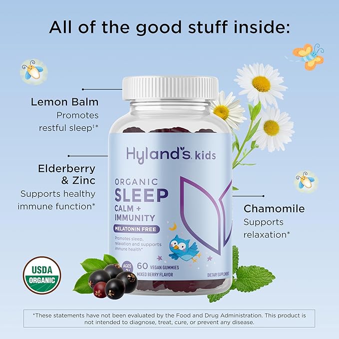 Hyland's Kids - Melatonin Free Organic Sleep Aid Gummies with Calm & Immune Support - with Chamomile, Elderberry & Passion Flower, Helps with Sleeplessness & Restlessness, 60 Vegan Gummies