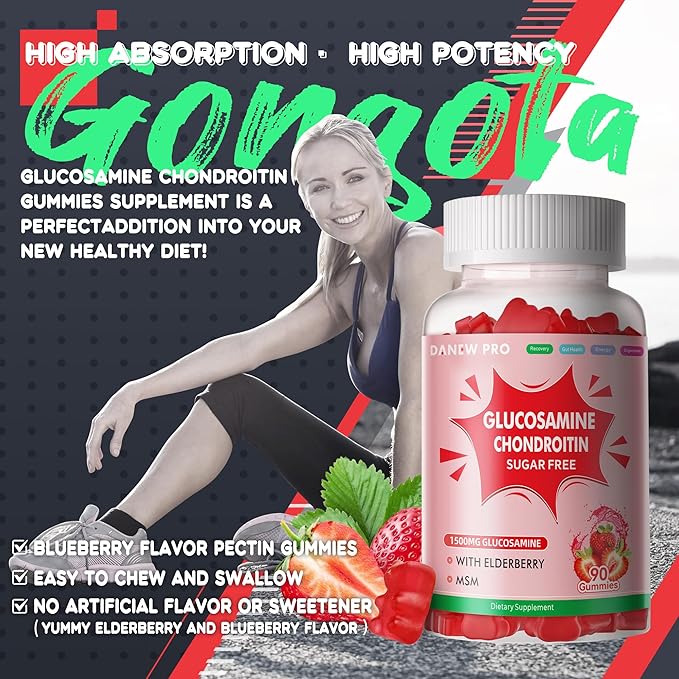 Glucosamine Chondroitin Gummies with MSM & Elderberry Extra Strength - Joint Support, Antioxidant Immune Support Supplement for Adults, Men & Women.90 Strawberry Gummies