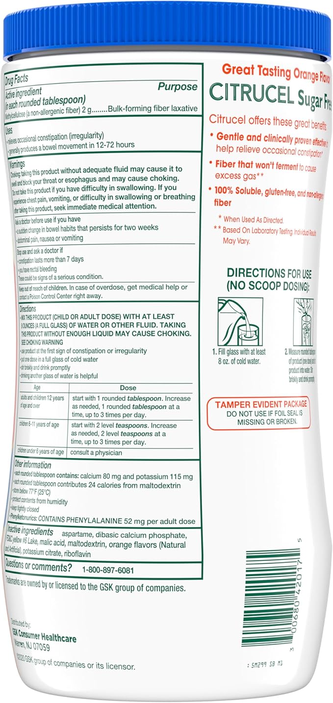 Citrucel Sugar Free Fiber Powder for Occasional Constipation Relief, Methylcellulose Fiber Powder, Orange Flavor - 16.9 Ounces