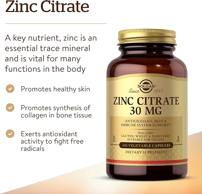 Solgar Zinc Citrate Vegetable Capsules, 100 Count, Non-GMO, Gluten Free, and Kosher, Supports Immune System Health, Healthy Skin and Eyes, Normal Taste and Vision
