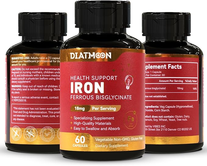 Iron Supplement, High Potency Iron 18 mg, as Ferrous Bisglycinate, for Women & Men, Easily Absorbed, Non-Gluten, GMOs-Free, 60 Count Veg Capsules