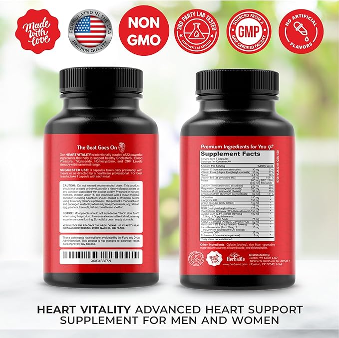 Heart Support and Blood Flow Supplement, 120 Capsules, Supports Cardiovascular Health, Healthy Cholesterol, Triglyceride, Homocysteine, CRP Levels | Boost Naturally Circulatory Function