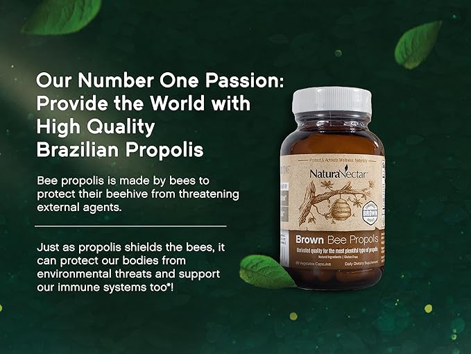 NaturaNectar - Brown Bee Propolis - NSF Contents Certified - Premium Brazilian Propolis - Gluten-Free Supplement with Flavonoids, FLAV-B and PWE - Naturally Sourced Through Ethical Beekeeping (60pcs.)