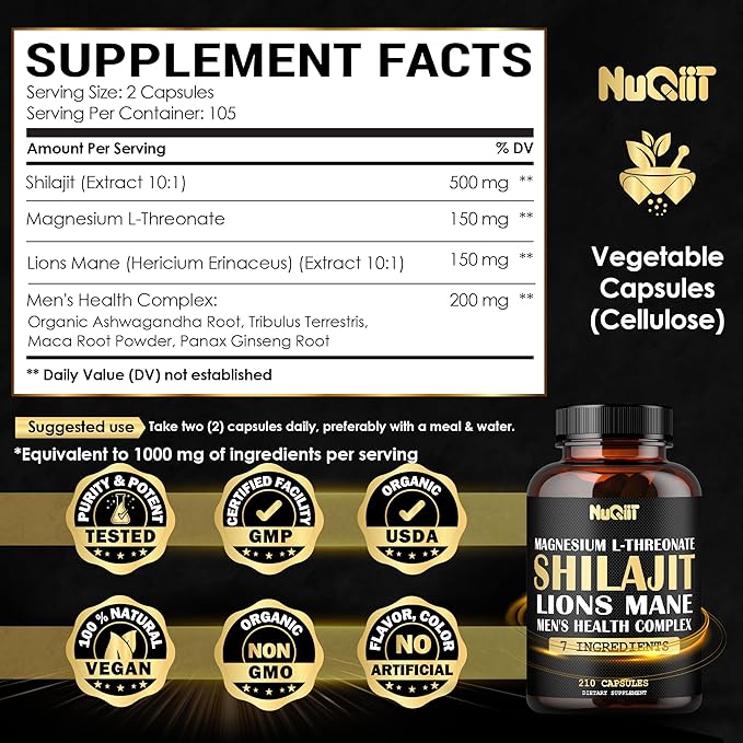 210 Capsules - Magnesium with Lions Mane, Shilajit Capsules, and Male's Health Complex as Ashwagandha, Maca Root & More - Support Immune, Brain Health, and Energy Production