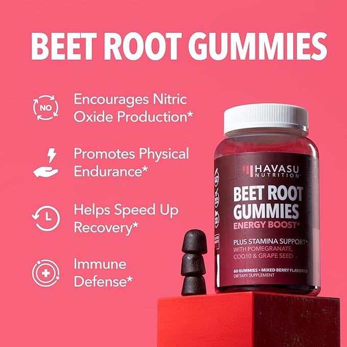 Beet Root Gummies with COQ10 & Pomegranate - Nitric Oxide Supplement for Men and Women - Beetroot for Endurance, Performance, Recovery - Vegan, Non-GMO, Gluten Free - Mixed Berry Flavor, 120 Count