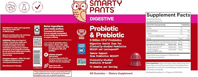 SmartyPants Adult Probiotic & Prebiotic Gummies for Digestive Health: 6 Billion CFU Gut Health Supplement, Clinically Studied Prebiotic for Immune Support, Grape, 60 Count (30 Day Supply)
