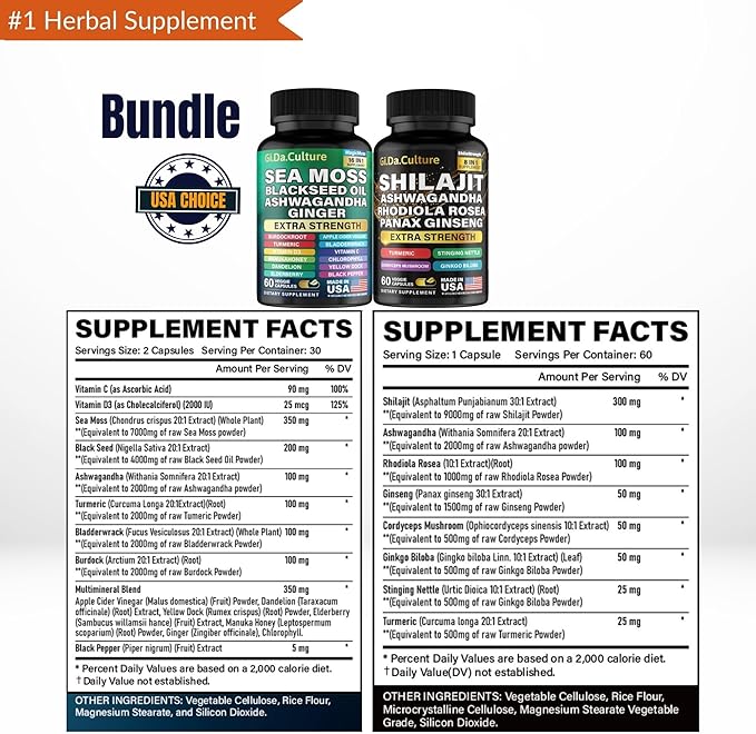 GiDa Culture Shilajit and Sea Moss Combo - Sea Moss and Shilajit Bundle with Ashwagandha, Black Seed, Turmeric, Bladderwrack, Burdock, Black Pepper with Vitamins and Antioxidants - 120 Veggie Capsules