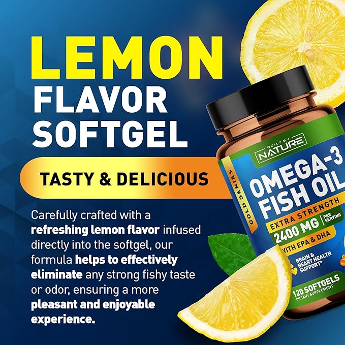 Built by Nature Omega 3 Fish Oil Soft Gels - 2400 mg Fish Oil, 1440 mg Omega 3, 864 mg EPA, 576 mg DHA - Extra Strength Brain & Heart Health Support Supplement - 120 Softgels