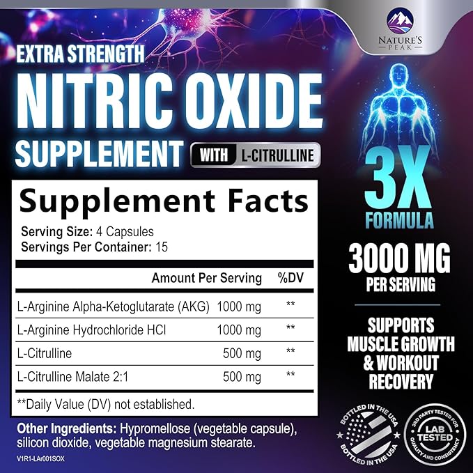 Nitric Oxide Supplement 3000mg L Arginine 3X Strength - Citrulline Malate & AKG - Extra Strength Muscle Supporting Nitric Booster for Muscle Growth & Workout Recovery to Train Harder - 60 Capsules
