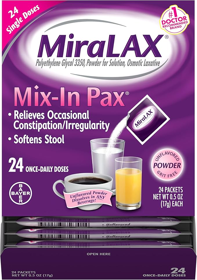 MiraLAX Gentle Constipation Relief Laxative Powder, Stool Softener with PEG 3350, No Harsh Side Effects, 1 Doctor & OBGYN Recommended, Single Dose Mix-in Pax, Travel Pack, 24 Dose