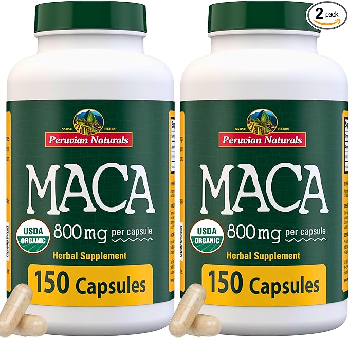 Peruvian Naturals Organic Maca Root Capsules for Women & Men 2400mg per Serving - 300 Pills of Black, Red, Yellow Maca Supplement - Gelatinized Macaroot, Non-GMO, Vegan (2 Pack)