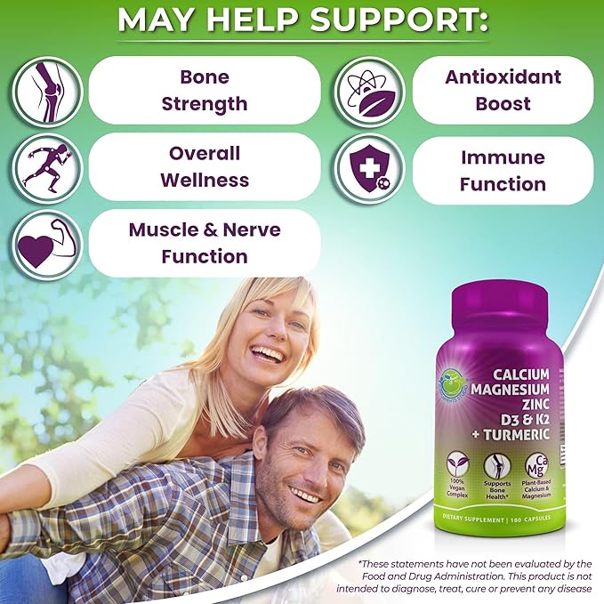 Plant-Based Calcium 500mg (Aquamin) – Vegan Calcium Magnesium Zinc D3 with Vitamin K2 & Organic Turmeric – Enhanced Bone and Muscle Health & Strength, Immune Support for Women & Men - 180 Count