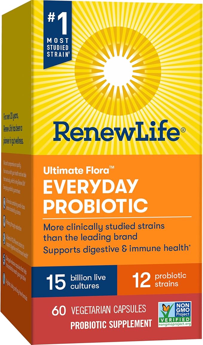 Renew Life Everyday Probiotic Capsules, Daily Supplement Supports Urinary, Digestive and Immune Health, L. Rhamnosus GG, Dairy, Soy and gluten-free, 15 Billion CFU, 60 Count
