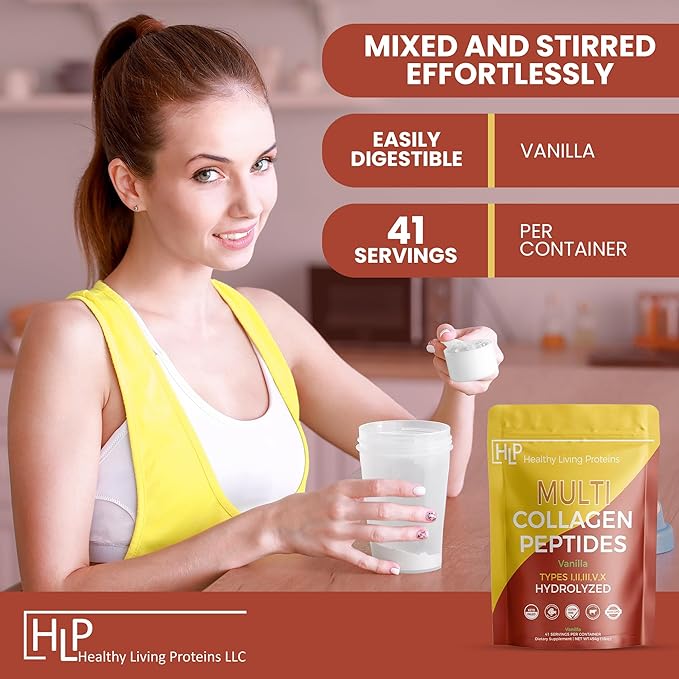 Healthy Living Proteins - Hydrolyzed Multi Collagen Peptides Powder Types I, II, III, V & X - Grass Fed Bovine, Wild Caught Marine, Free Range Chicken - Gluten Free (Vanilla, 16 oz)