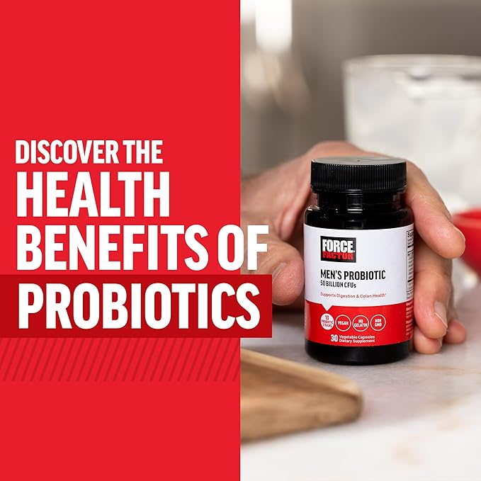 FORCE FACTOR Men’s Probiotic, Probiotics for Digestive Health with 50 Billion CFUs and 10 Probiotic Strains to Support Gut and Colon Health, and Daily Wellness, Non-GMO, Vegan, 30 Vegetable Capsules