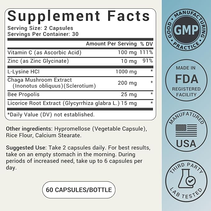 Cold Sore Treatment For Lips With Immune Support | L-Lysine 1000mg Capsules, Chaga, Bee Propolis, Vitamin C, Zinc & Licorice Root Extract | Non-GMO, Vegetarian, 60 Capsules for Men and Women