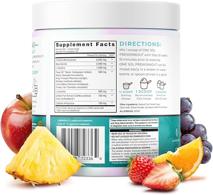 One Sol Pre-Workout for Women, Enhanced Pump & Focus, No Jitters Or Crash, Natural Ingredients, 100% Vegan, Gluten Free & Soy Free, (Fruit Punch)