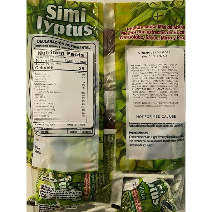 Similyptus Lollipops – Menthol, Honey & Eucalyptus with Propolis – Soothing Natural Relief for Throat & Cough/Paletas Similyptus Mentol Miel Eucalipto con Propóleo Dr. Simi - 16 pzs