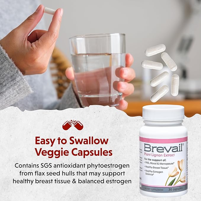 Brevail Plant Lignan Extract Capsules, Proactive Breast Health Supplement with 50 mg SDG Lignans from Flax Seed Hulls for Healthy Estrogen Balance and PMS Mood Support Pills, 30 Count
