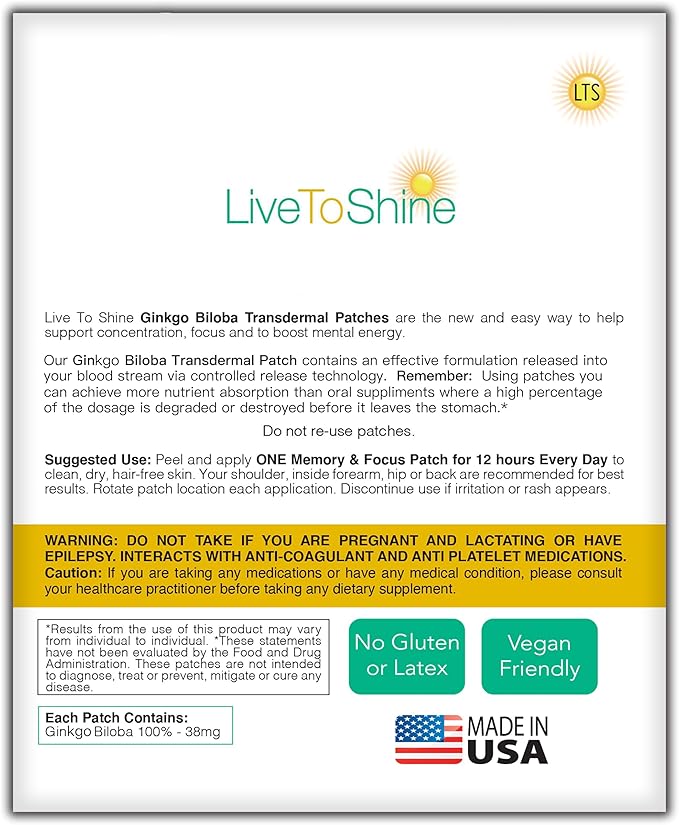 Live To Shine Ginkgo Biloba Patch - 30 Gingko Transdermal Patches - One Month Supply for Women and Men - USA Made