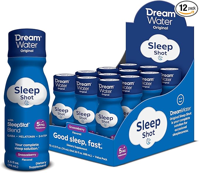 Dream Water Sleep Aid Supplement Drink; Melatonin 5mg, GABA, 5-HTP; Zero Sugar, Natural Flavors, No Added Colors, 2.5 oz Liquid Sleep Shots, Snoozeberry, 12-Count