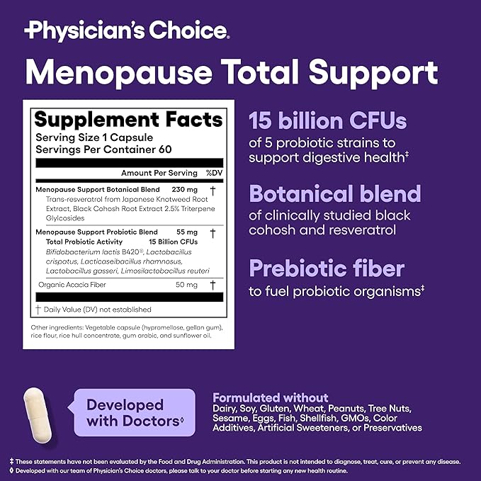 Physician's CHOICE Menopause Probiotic Supplement for Women - Supports Hormone Balance, Hot Flashes, Night Sweats, Weight Management, Bloating & Gut Health - with Black Cohosh, Resveratrol+ - 60ct
