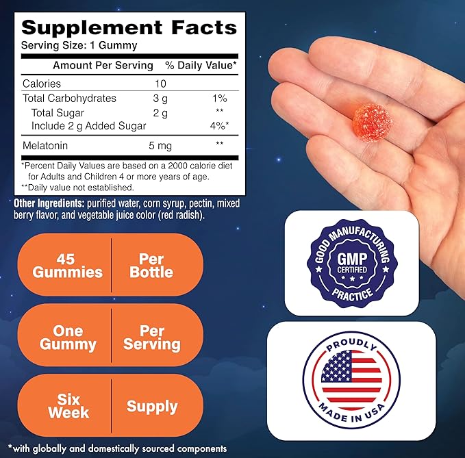 Health Thru Nutrition Melatonin 5mg Gummies | 45 Count Mixed Berry Flavor with Child-Resistant Cap | Gentle Restful Sleep Support Supplement | Non-GMO, Gluten-Free, Vegan-Friendly