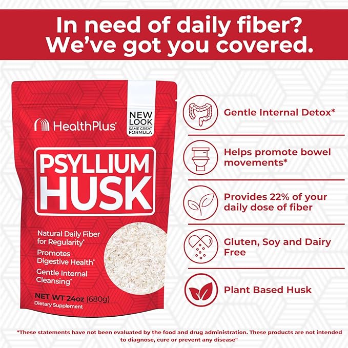 Health Plus, Psyllium Husk, 24 oz, 96 Servings - Natural Detox, Daily Dietary Fiber Supplement, Constipation Relief, Gentle Gut Cleanse, Keto Baking