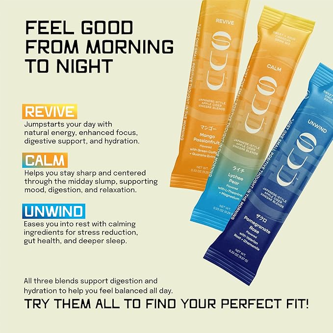 Circadian Rhythm, Hydration & Gut Health Powder Drink – Variety Pack of 9, Japanese Style Apple Cider Vinegar Blends with Wellness-Driven Ingredients for Sleep, Energy, Relaxation & Mental Clarity